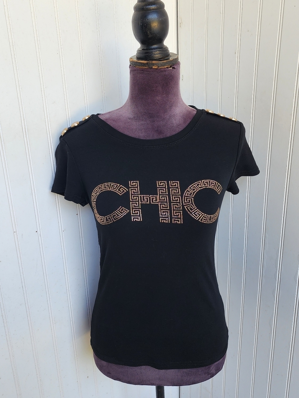 Fushion Black Stretch Rhinestone T Shirt Cotton Decorative Buttons Sz S